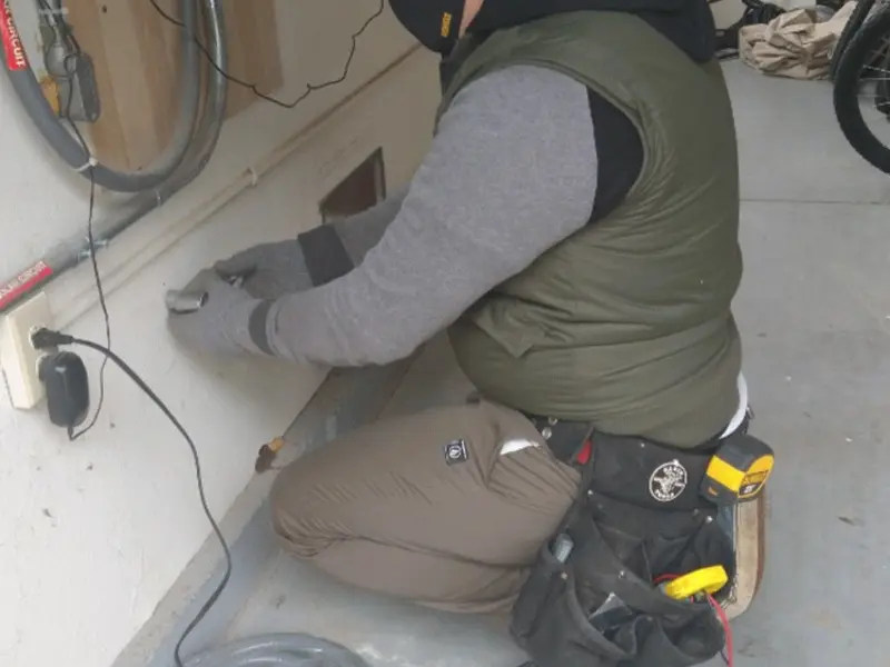 Electrician performing outlet wiring in a Dover garage